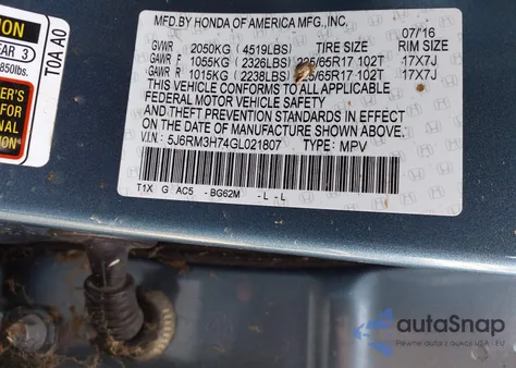 2016 Honda Cr-V Ex-L z USA, uszkodzony, nr VIN 5J6RM3H74GL021807